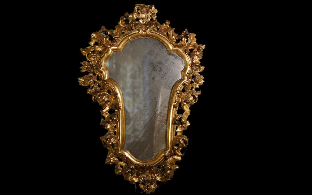 Miroir Italien, Rococo/baroque, XVIIIeme, Bois Doré (92 Cm)