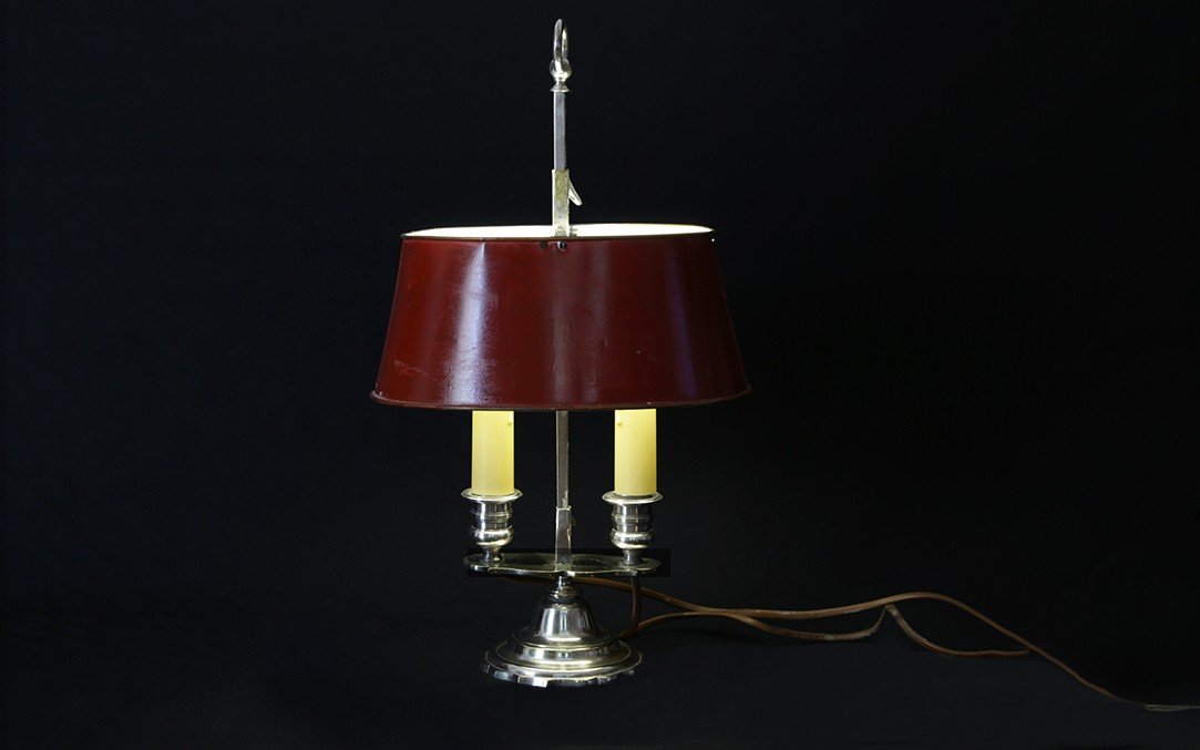 Two-light Bouillotte Lamp, Silver-plated Bronze, 19th Century 