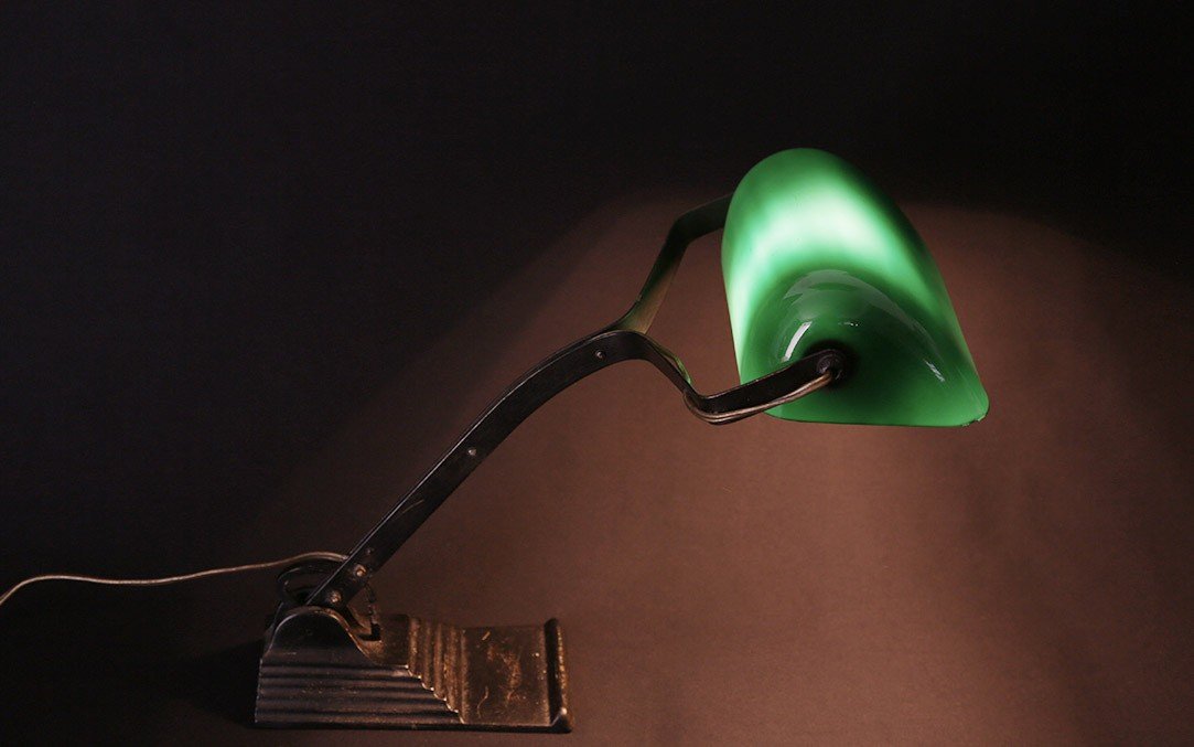 1950s Lamp, Cast Iron, Green And White Opaline -photo-3