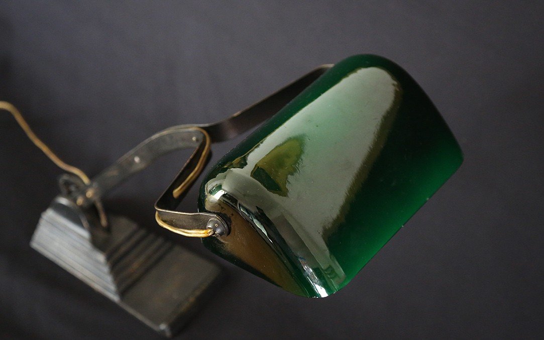 1950s Lamp, Cast Iron, Green And White Opaline -photo-2