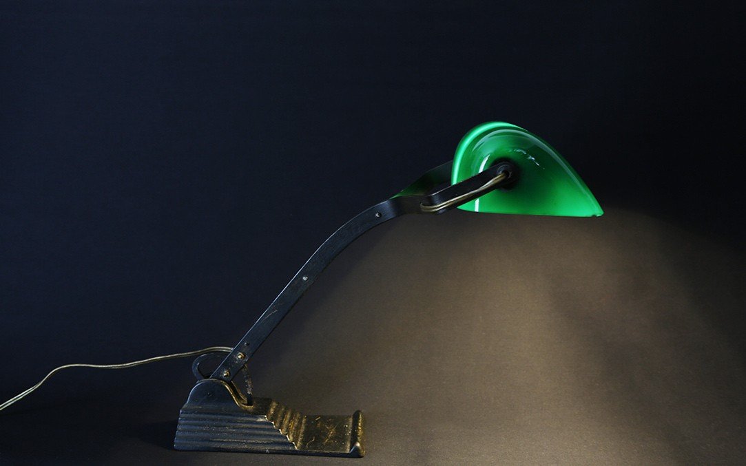 1950s Lamp, Cast Iron, Green And White Opaline -photo-8