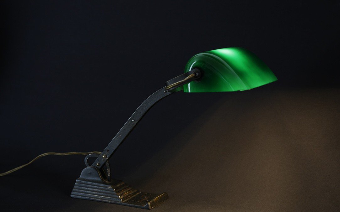 1950s Lamp, Cast Iron, Green And White Opaline 