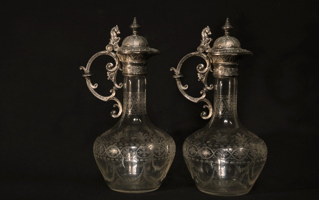 Pair Of Crystal And Silver Metal Ewers-photo-2