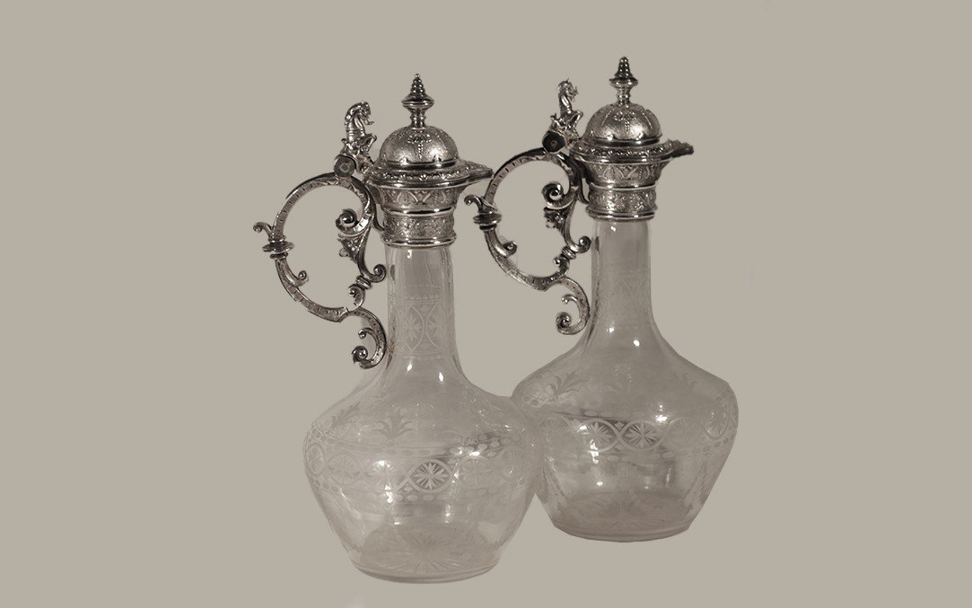 Pair Of Crystal And Silver Metal Ewers