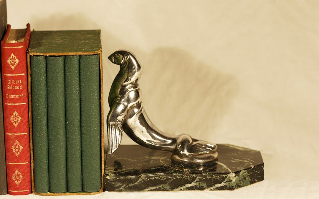 Maurice Frécourt, Bookends, Silvered Bronze, Circa 1920-photo-2