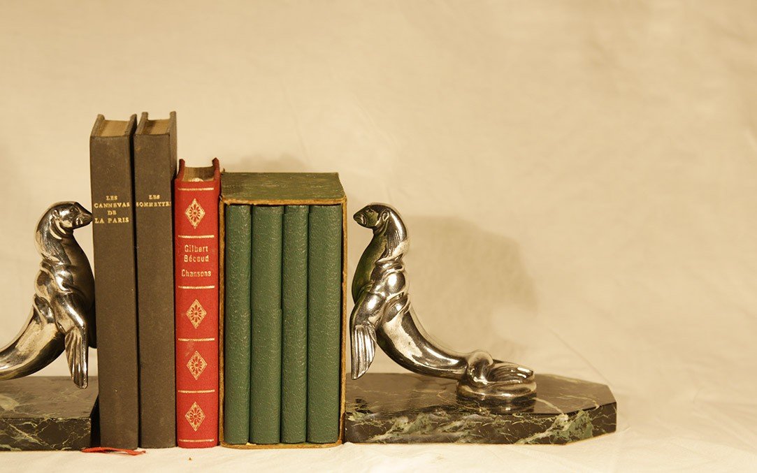 Maurice Frécourt, Bookends, Silvered Bronze, Circa 1920-photo-3