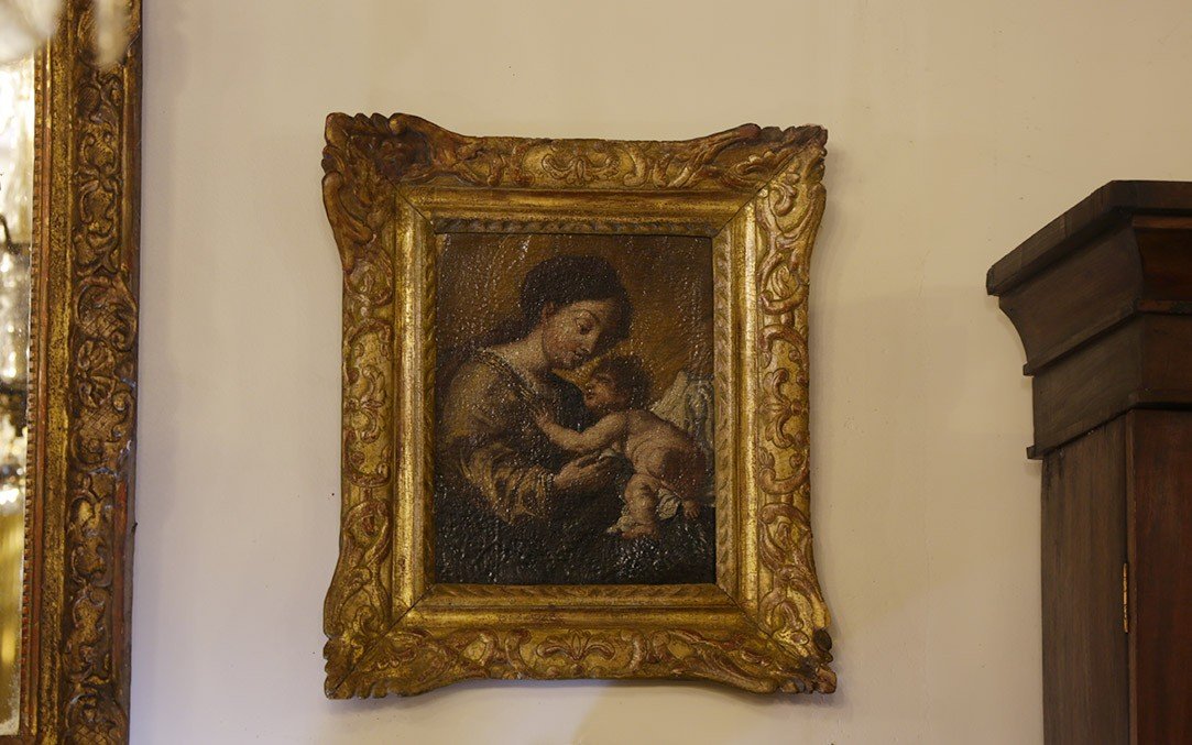 Vierge à l'Enfant,  XVIIIème Siècle,  Huile Sur Toile (45 x 40 Cm)-photo-2