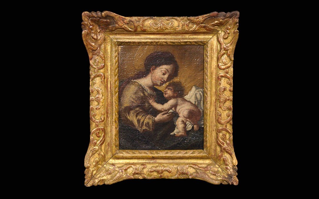 Vierge à l'Enfant,  XVIIIème Siècle,  Huile Sur Toile (45 x 40 Cm)-photo-4