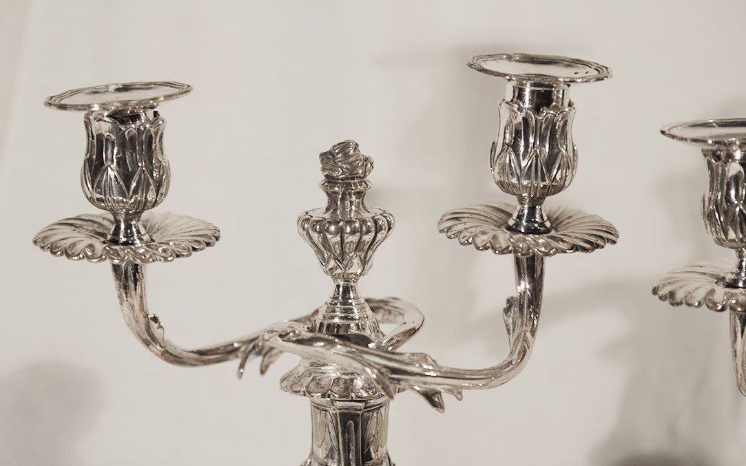 Pair Of Silver Metal Candelabras Transition XVIII-xixth Century-photo-1