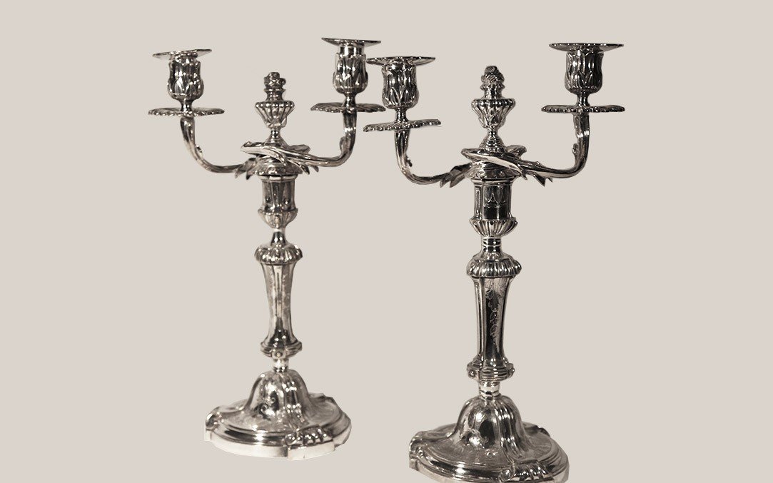 Pair Of Silver Metal Candelabras Transition XVIII-xixth Century