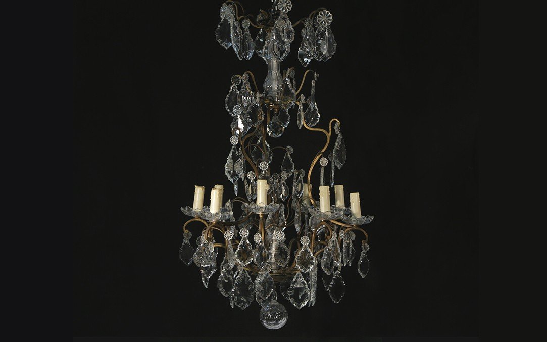 Chandelier With Tassels, Bronze And Crystal, 19th Century (53 X 96 Cm)