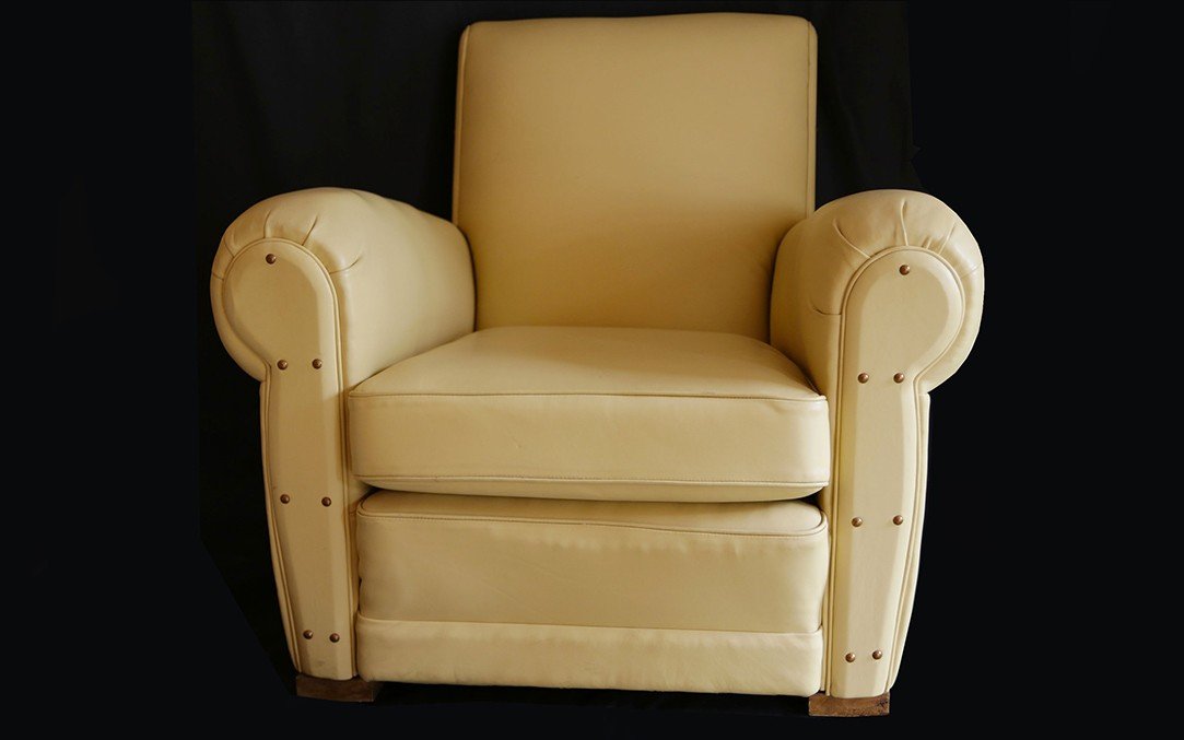 Pair Of "full Grain" Leather Club Armchairs, Refurbished, 1930s-photo-4