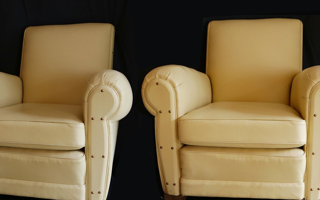 Pair Of "full Grain" Leather Club Armchairs, Refurbished, 1930s