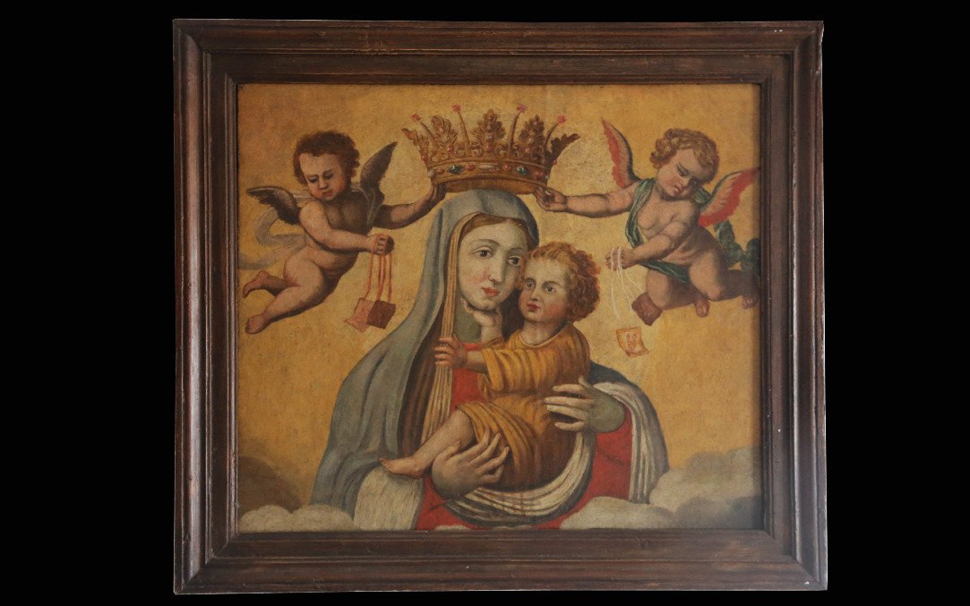 Huile sur toile, Vierge à l'Enfant Couronnée, XVIème Siècle-photo-2