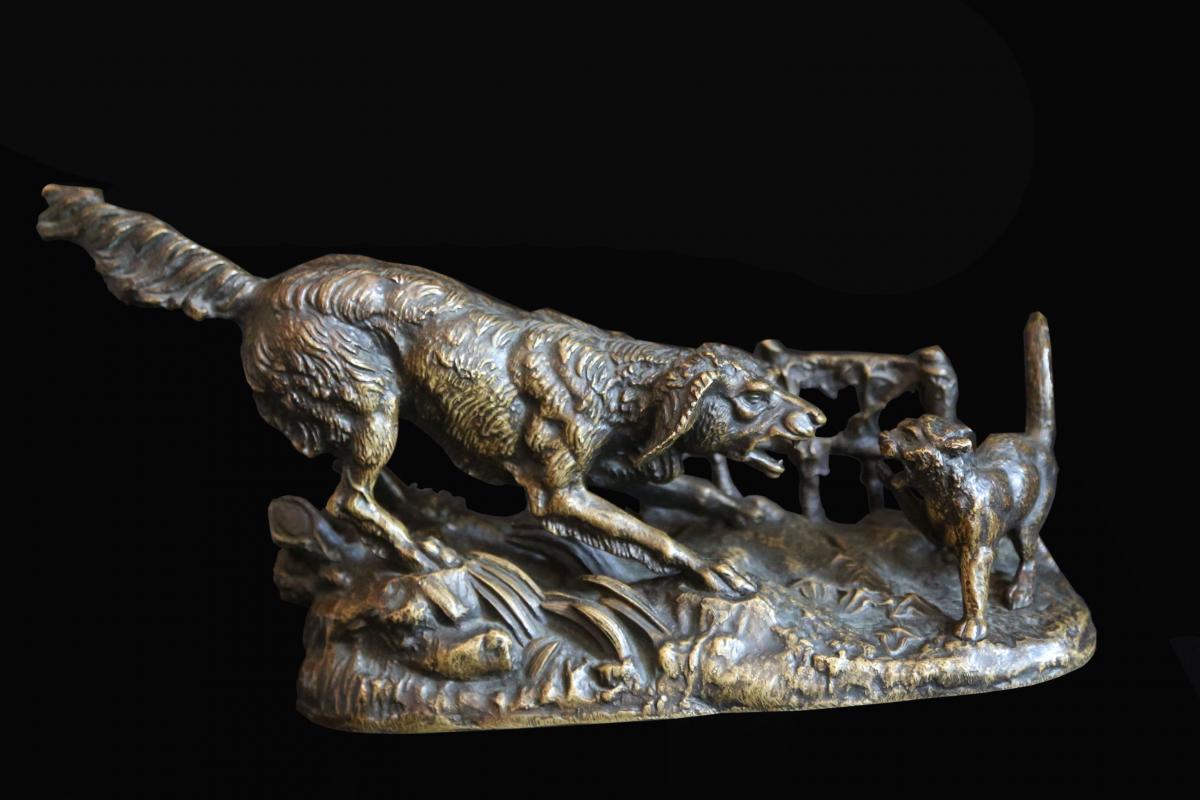 Bronze animalier, chien/chat, signé Dargaud