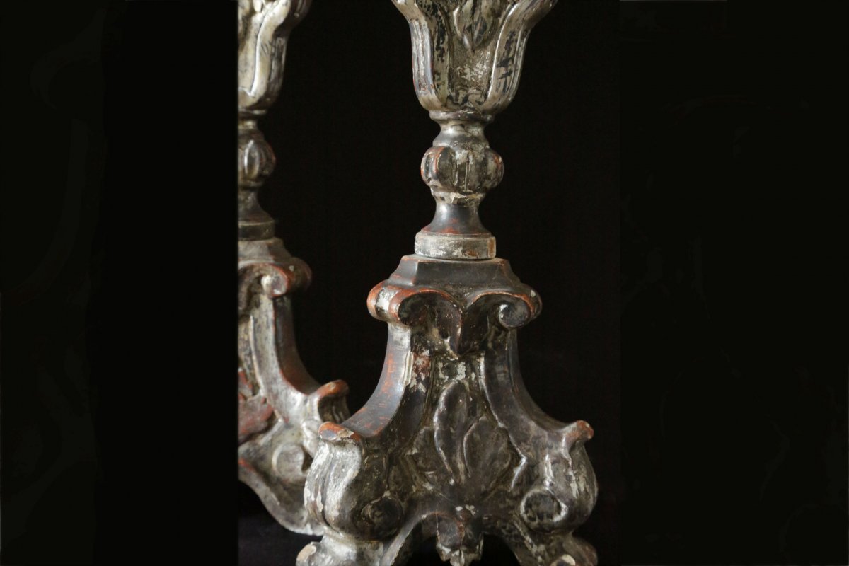 Pair Of Candelabra, Candlesticks In Silvered Wood Eighteenth Century-photo-2