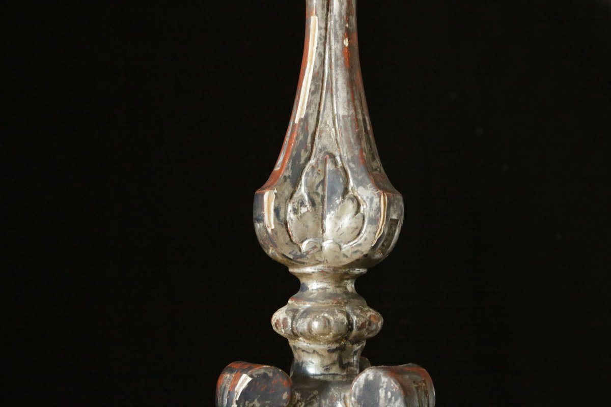 Pair Of Candelabra, Candlesticks In Silvered Wood Eighteenth Century-photo-4