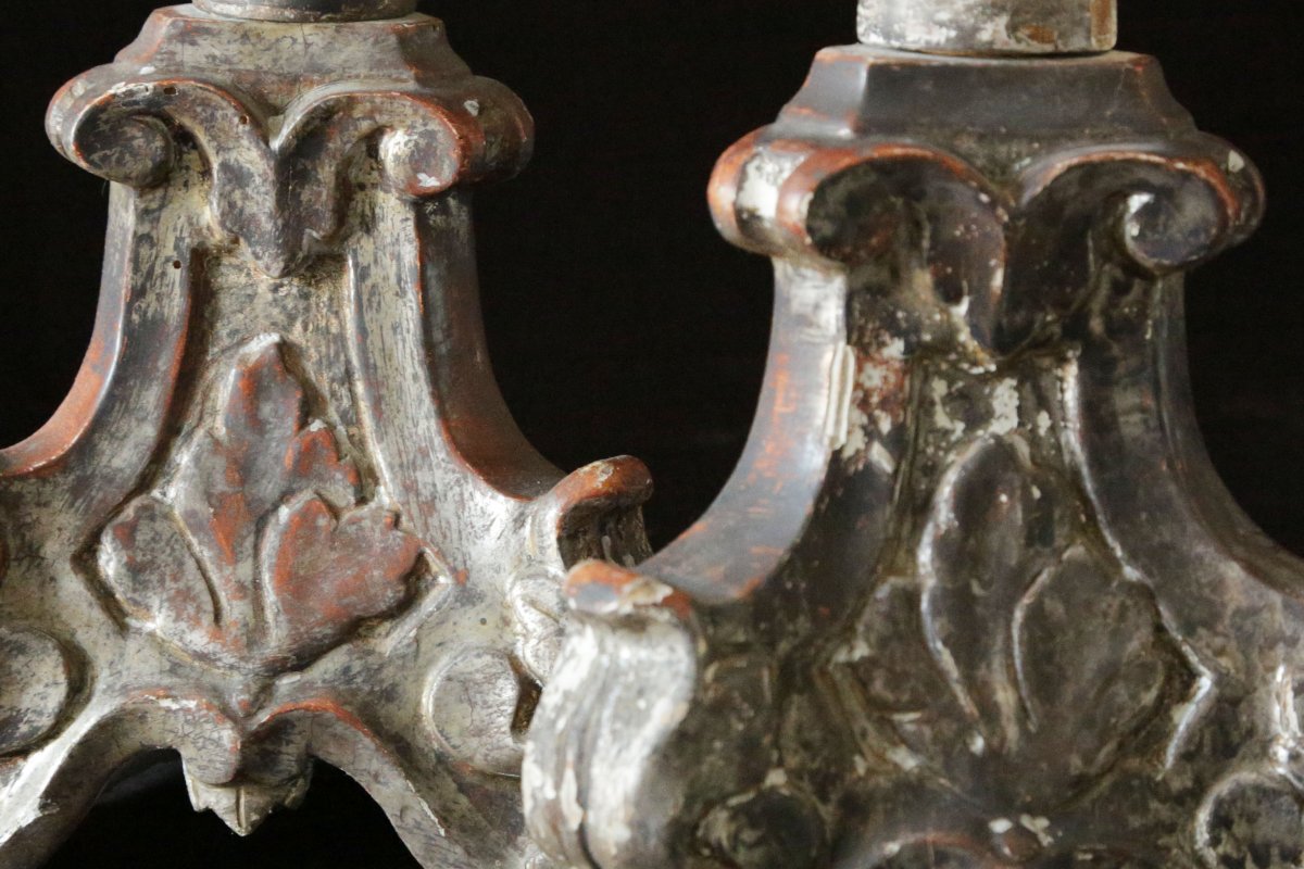 Pair Of Candelabra, Candlesticks In Silvered Wood Eighteenth Century-photo-5