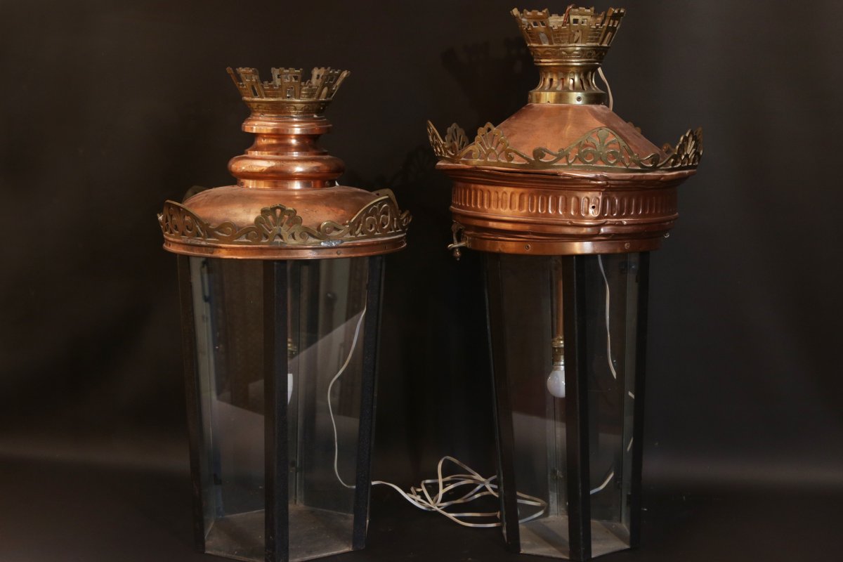 Pair Of Copper And Brass Lanterns (false Pair)-photo-2