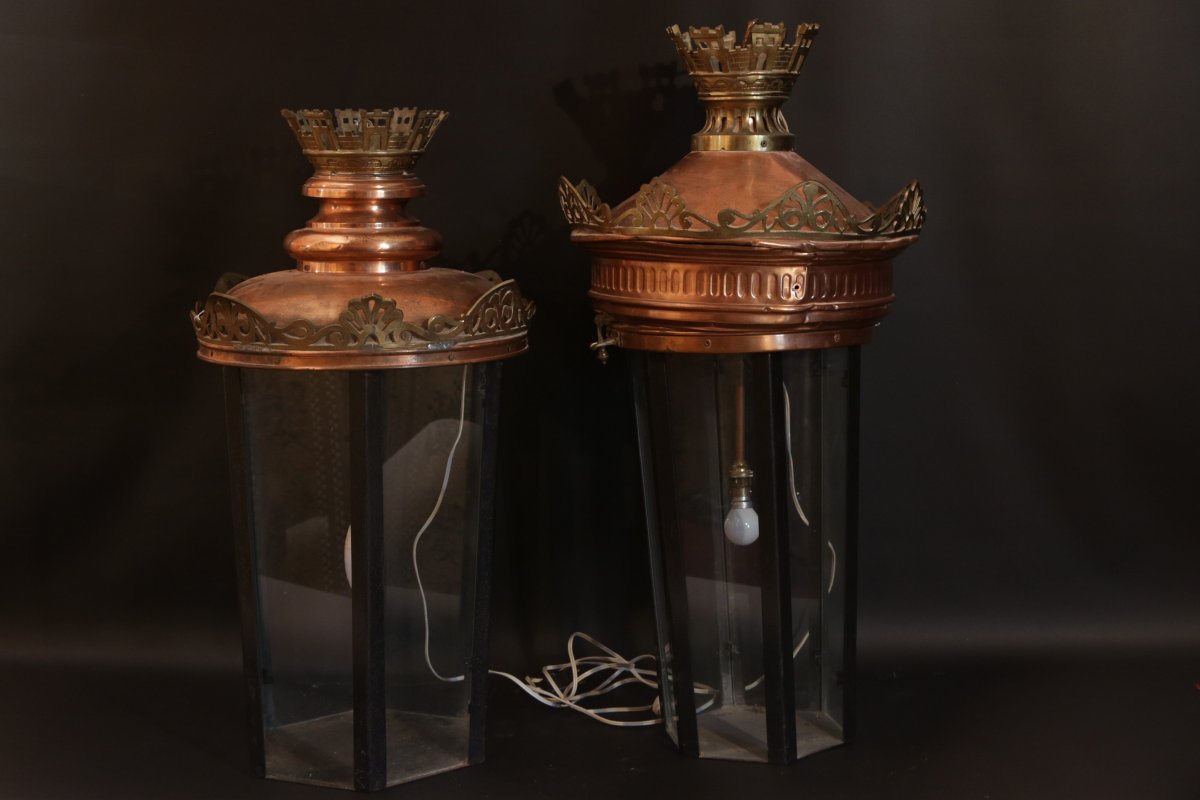 Pair Of Copper And Brass Lanterns (false Pair)-photo-3