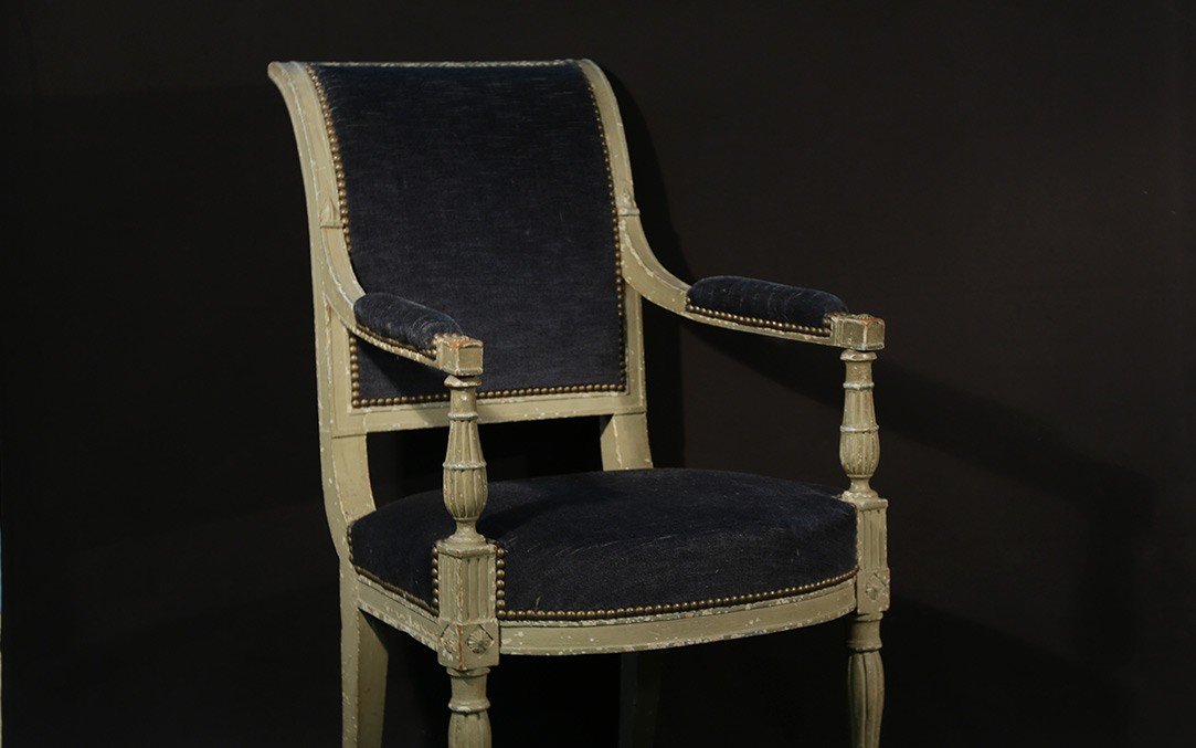 Pair Of Directoire Armchair, Painted, Strap, Eighteenth-photo-1