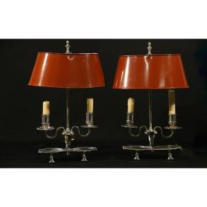 Paire De Lampes Bouillotte, Bronze Argenté, XIXème, électrifiées 