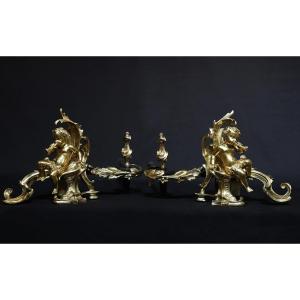 Paire De Chenets En Bronze Ciselé Et Doré XVIIIe Siècle