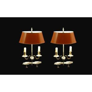 Paire De Lampes Bouillotte, Bronze Argenté, XIXème, électrifiées 