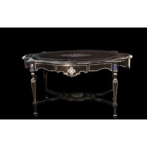 Black Varnished Table, 19th Century, Marquetry, Excellent Condition