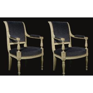 Pair Of Directoire Armchairs, Painted, Straps, 18th Century