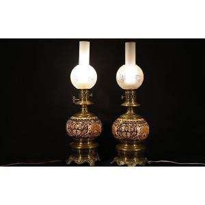 Pair Of Electrified Gien Lamps, 19th Century 