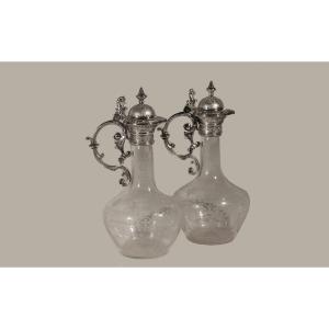 Pair Of Crystal And Silver Metal Ewers