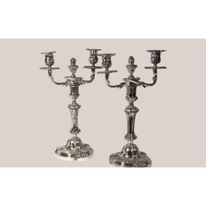 Pair Of Silver Metal Candelabras Transition XVIII-xixth Century