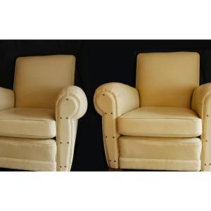 Pair Of "full Grain" Leather Club Armchairs, Refurbished, 1930s