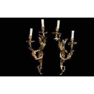 Pair Of Louis XV Wall Lights, Gilt Bronze, 18th Century 