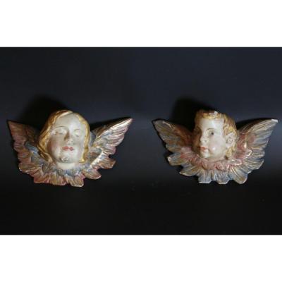 Pair Of Angels Of Applique, Eighteenth Century, Painted Wood