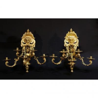 Pair Of Wall Lights, Chiseled Gilt Bronze, Signed H. Picard