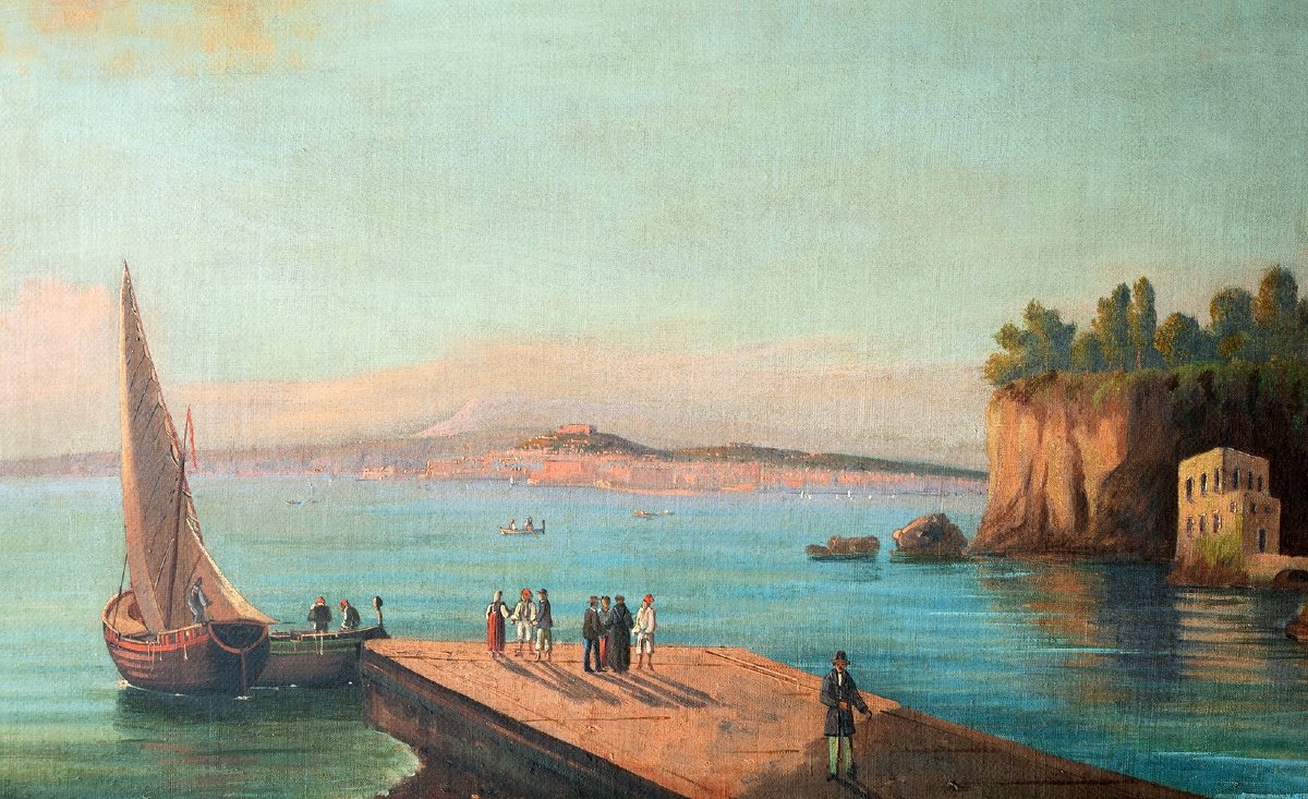 Four Ancient Oil Views On Canvas Depicting Naples, 19th Century Period.-photo-2