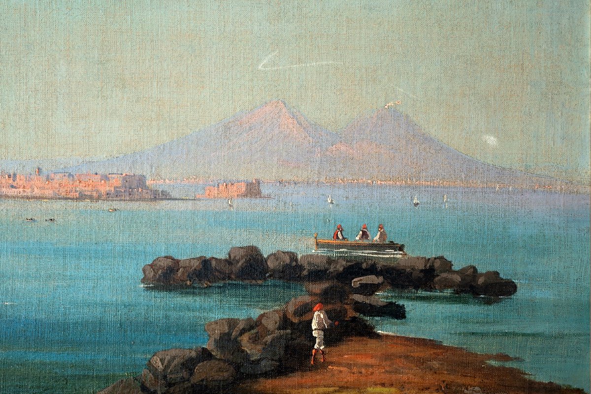 Four Ancient Oil Views On Canvas Depicting Naples, 19th Century Period.-photo-3