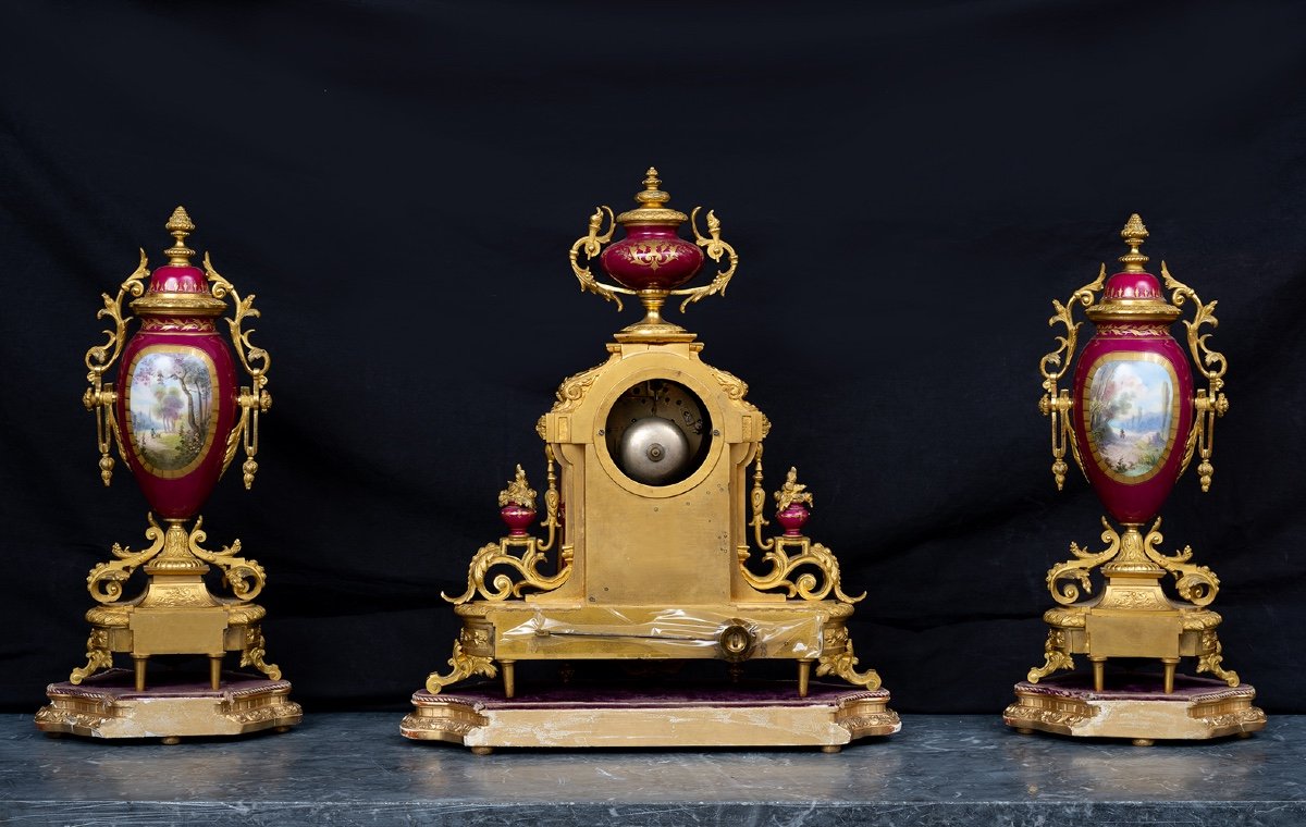 Antique Clock Triptych 19th Century Period.-photo-3
