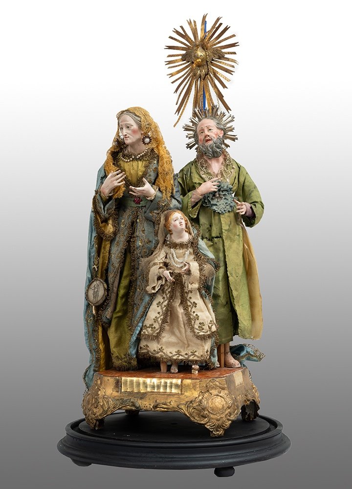Ancien Groupe Sculptural Représentant Sainte Anne, Saint Gioacchino Et La Madone Enfant. Naples-photo-2