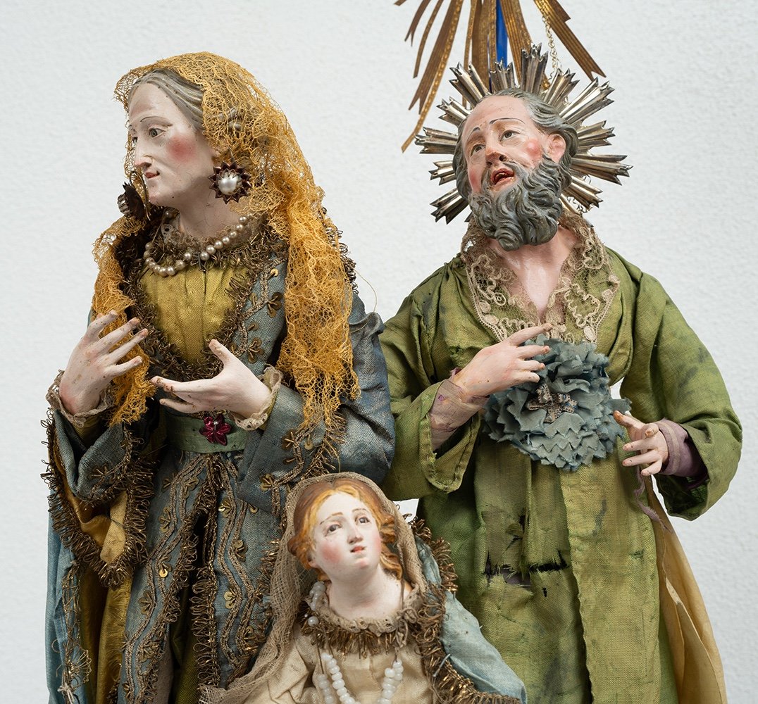 Ancien Groupe Sculptural Représentant Sainte Anne, Saint Gioacchino Et La Madone Enfant. Naples-photo-3