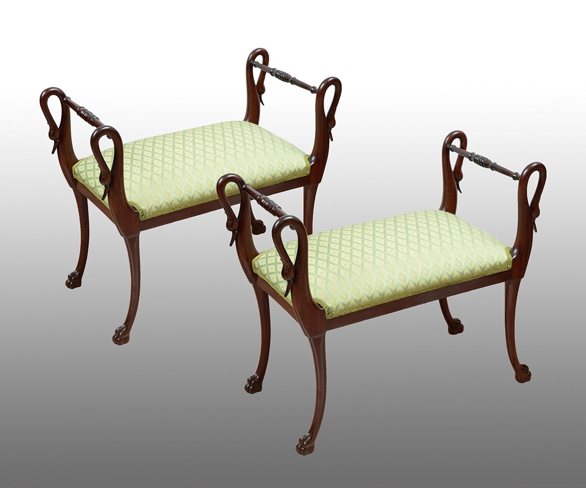 Pair Of Antique Solid Mahogany Benches. Naples Early 19th Century.