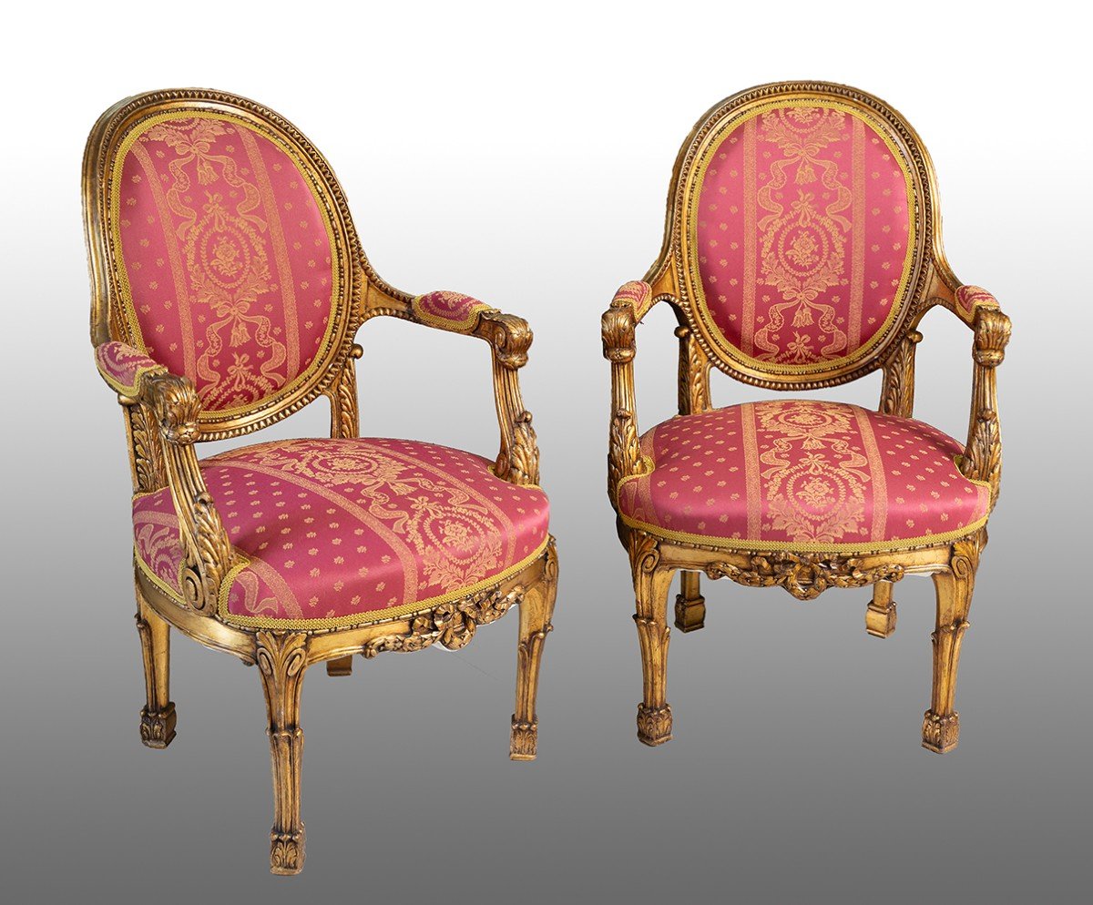 Pair Of Napoleon III Armchairs In Gilded And Carved Wood. France 19th Century.