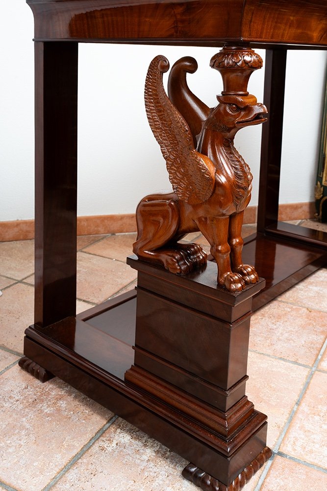 Antique Sicilian Empire Console In Mahogany Feather With White Statuary Marble Top.period 19thc-photo-4