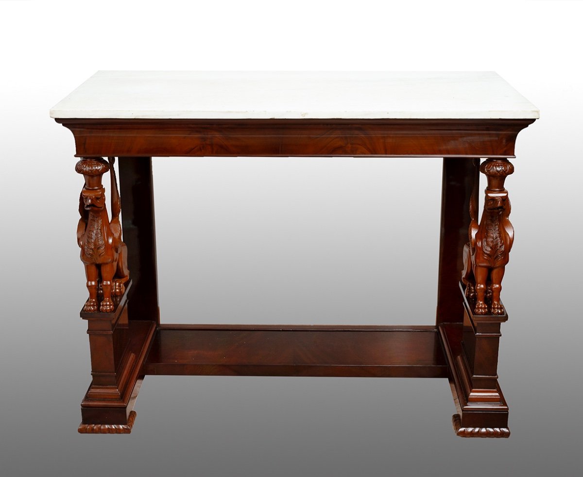 Antique Sicilian Empire Console In Mahogany Feather With White Statuary Marble Top.period 19thc