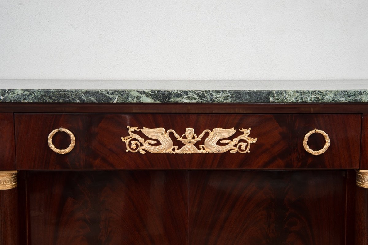 Antique Four-door French Empire Style Sideboard In Mahogany Feather With Green Alps Marble Top.-photo-2