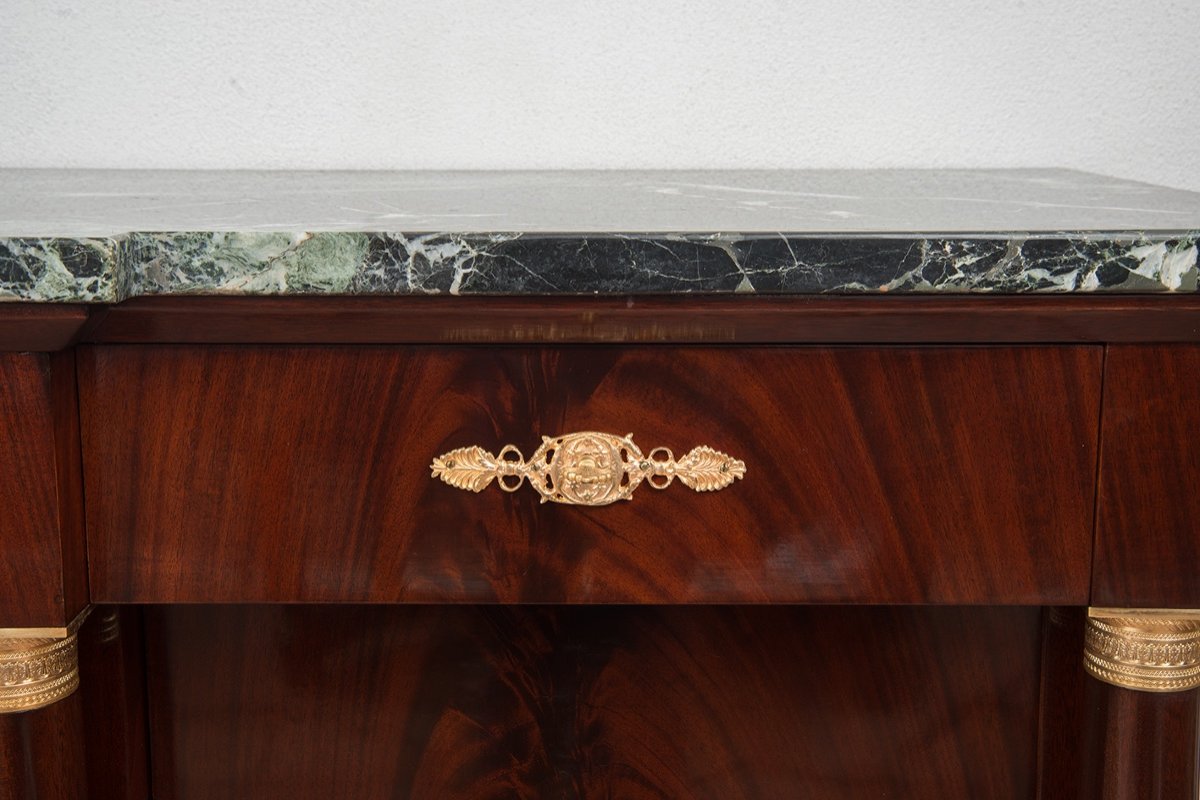 Antique Four-door French Empire Style Sideboard In Mahogany Feather With Green Alps Marble Top.-photo-3