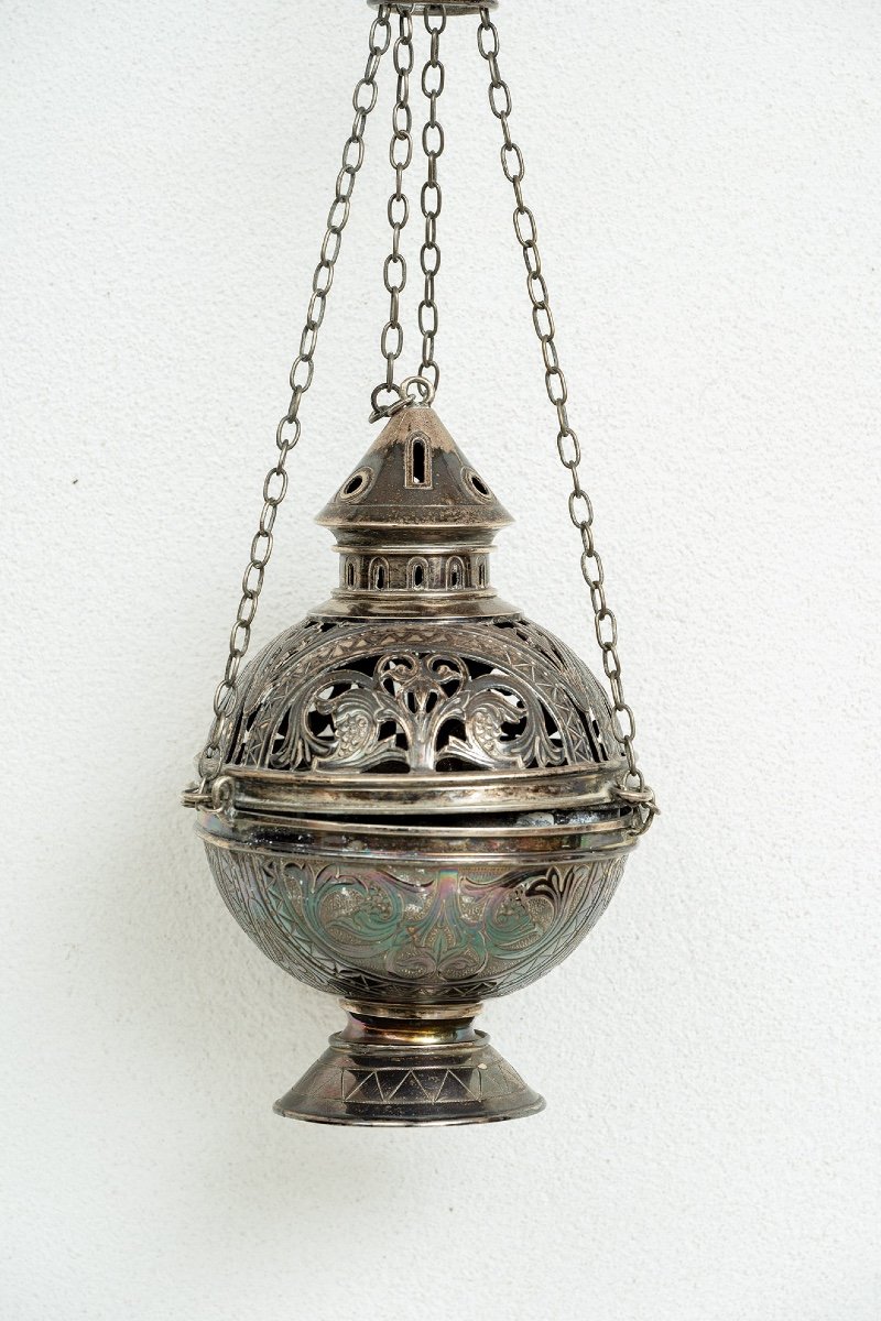 Ancient Roman Thurible In Chiseled Silver, 19th Century.-photo-2