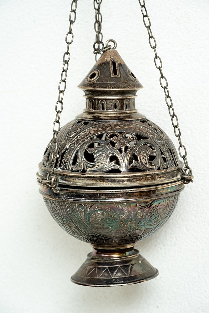 Ancient Roman Thurible In Chiseled Silver, 19th Century.-photo-3